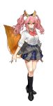  1girl absurdres animal_ears cardigan_around_waist clothes_around_waist fate/grand_order fate_(series) fox_ears fox_girl fox_tail full_body grey_cardigan highres official_art pink_hair school_uniform simple_background solo tail tamamo_(fate)_(all) tamamo_jk_(fate) 