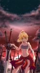  1girl absurdres aqua_eyes blonde_hair breasts clothes_around_waist clouds collarbone eyebrows_visible_through_hair fate/apocrypha fate_(series) hair_ornament hair_scrunchie high_ponytail highres long_hair looking_at_viewer midriff mordred_(fate) mordred_(fate)_(all) navel outdoors red_scrunchie sarashi scrunchie short_shorts shorts sky small_breasts solo standing star_(sky) starry_sky stomach sunset sword torn_clothes torn_shorts user_wdpj4488 weapon 