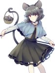  1girl animal_ears bangs basket black_skirt black_vest blue_capelet capelet dowsing_rod eyebrows_visible_through_hair feet_out_of_frame grey_hair holding holding_basket jewelry looking_at_viewer mouse mouse_ears mouse_tail nazrin pendant red_eyes shirt short_hair simple_background skirt skirt_set solo tail tail_hold touhou uranaishi_(miraura) vest white_background white_shirt 