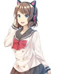  1girl :d animal_ears bangs black_hairband black_skirt blue_eyes bow bowtie brown_hair cat_ear_headphones cat_ears eyebrows_visible_through_hair fake_animal_ears grey_sailor_collar hairband hand_in_hair headphones highres jacket long_sleeves looking_at_viewer love_live! love_live!_sunshine!! miniskirt nyan721 open_mouth pleated_skirt red_bow red_neckwear sailor_collar school_uniform shiny shiny_hair short_hair simple_background skirt smile solo standing swept_bangs watanabe_you white_background white_jacket 