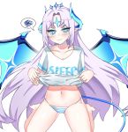  +_+ 1girl barefoot blue_eyes blue_wings blush closed_mouth collarbone cookiegoon demon_tail demon_wings elsword embarrassed facial_mark floating_hair highres horns lifted_by_self long_hair looking_at_viewer luciela_r._sourcream midriff navel panties pointy_ears print_shirt shirt shirt_lift short_sleeves silver_hair simple_background sitting solo speech_bubble stomach striped striped_panties tail tears underwear very_long_hair wariza white_background white_shirt wings 