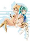  2girls animal_ears back-to-back blue_eyes blue_hair blush breasts brown_eyes closed_mouth eyebrows_visible_through_hair highres horns jaguar_(kemono_friends) jaguar_ears jaguar_tail kemono_friends kneehighs kolshica looking_at_viewer lum multiple_girls orange_hair parted_lips short_hair small_breasts smile tail thigh-highs urusei_yatsura white_hair 