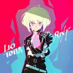  1boy bcoca belt black_gloves black_jacket blonde_hair character_name copyright_name cravat fire gloves half_gloves highres jacket kunitarou-art lio_fotia male_focus multiple_belts outstretched_hand promare solo violet_eyes 