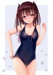  1girl bangs bare_arms bare_shoulders black_bow black_swimsuit blush bow breasts brown_hair collarbone commentary_request covered_navel eyebrows_visible_through_hair grey_background hair_between_eyes hair_bow hand_up head_tilt long_hair medium_breasts nose_blush one-piece_swimsuit original parted_lips sakura_hiyori solo swimsuit two-tone_background two_side_up violet_eyes water_drop white_background 