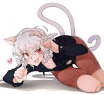  1other :3 :d aioi_u animal_ears bangs blush brown_shorts cat_ears cat_tail collarbone doll_joints eyebrows_visible_through_hair fangs fingernails heart hunter_x_hunter long_sleeves messy_hair neferpitou open_mouth pink_eyes ribbed_shorts shadow sharp_fingernails short_hair shorts silver_hair smile solo tail white_background 