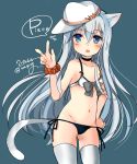  1girl alternate_costume animal_ears bikini black_bikini_bottom black_choker blue_eyes cat_ears cat_tail choker cowboy_shot dated flat_cap gouda_nagi hammer_and_sickle hat hibiki_(kantai_collection) highres kantai_collection long_hair looking_at_viewer mismatched_bikini orange_scrunchie scrunchie side-tie_bikini signature silver_hair simple_background solo standing swimsuit tail teal_background thigh-highs v verniy_(kantai_collection) white_bikini_top white_headwear white_legwear wrist_scrunchie 