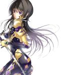  1girl black_bodysuit black_hair bodysuit covered_nipples floating_hair from_side holding holding_sword holding_weapon katana long_hair looking_at_viewer muvluv muvluv_alternative parted_lips pilot_suit shiny shiny_clothes simple_background skin_tight solo standing sword takamura_yui very_long_hair violet_eyes weapon white_background yae_chitokiya 