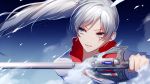  1girl asd13 blue_eyes collarbone hair_between_eyes highres holding holding_weapon long_hair long_sleeves parted_lips portrait rwby scar scar_across_eye shiny shiny_hair silver_hair solo upper_body very_long_hair weapon weiss_schnee 