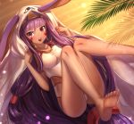  1girl barefoot breasts casual_one-piece_swimsuit dark_skin dolce_(dolsuke) facial_mark fate/grand_order fate_(series) hair_between_eyes long_hair looking_at_viewer medium_breasts nitocris_(fate/grand_order) nitocris_(swimsuit_assassin)_(fate) one-piece_swimsuit open_mouth purple_hair shiny shiny_hair soles solo swimsuit very_long_hair violet_eyes white_swimsuit 