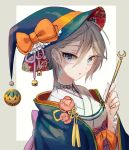  1girl anastasia_(idolmaster) blue_eyes border earrings grey_border grey_hair halloween idolmaster idolmaster_cinderella_girls jewelry looking_at_viewer necktie outside_border rum_raisin_(chihiromakita19) short_hair solo wand wide_sleeves 