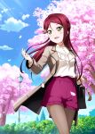  1girl :d artist_name blue_sky blush cherry_blossoms clouds coat cowboy_shot day floating_hair grey_coat hair_between_eyes ink_(pixiv25450915) long_hair love_live! love_live!_sunshine!! open_clothes open_coat open_mouth outdoors red_shorts redhead sakurauchi_riko shirt short_shorts shorts sky smile solo standing sunlight white_shirt yellow_eyes 