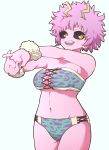  1girl absurdres ashido_mina bikini black_nails black_sclera boku_no_hero_academia breasts collarbone commentary_request cowboy_shot eyebrows_visible_through_hair green_bikini highres horns jipponwazaari large_breasts looking_at_viewer navel pink_hair pink_skin short_hair simple_background smile solo strapless strapless_bikini swimsuit white_background yellow_eyes 