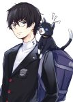  2boys amamiya_ren animal_ear_fluff backpack bag bangs black-framed_eyewear black_cat black_hair black_jacket blazer blue_eyes blue_sclera borushichi cat commentary_request glasses grin highres jacket long_sleeves looking_at_another male_focus morgana_(persona_5) multiple_boys open_mouth parted_lips persona persona_5 shirt simple_background smile tail upper_body white_background white_shirt 