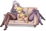  2girls artoria_pendragon_(all) bangs bare_shoulders black_legwear black_ribbon blonde_hair breasts cleavage_cutout couch eating eyebrows_visible_through_hair fate/grand_order fate/stay_night fate_(series) gloves grey_hair hair_between_eyes hair_ribbon highres jeanne_d&#039;arc_(alter)_(fate) jeanne_d&#039;arc_(fate)_(all) large_breasts long_hair looking_at_viewer medium_breasts multiple_girls neck_ribbon pantyhose ribbed_sweater ribbon saber_alter shirokuma_a simple_background sweater white_background white_gloves yellow_eyes 