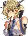  1girl amakaze black_gloves blonde_hair blue_eyes blue_neckwear blush braid breasts bubble_tea colorado_(kantai_collection) cup dress drinking_straw elbow_gloves french_braid gloves grey_headwear headgear highres kantai_collection large_breasts medium_breasts necktie neckwear_between_breasts short_hair simple_background sleeveless sleeveless_dress solo squiggle tawawa_challenge upper_body white_background white_dress 