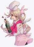  1girl apron bottle bunny_hair_ornament chef chef_hat chef_uniform cowboy_shot eyebrows_visible_through_hair fang hair_ornament hat holding holding_bottle holding_knife knife light_brown_hair long_hair looking_at_viewer natori_sana pink_apron pink_scarf red_eyes sana_channel scarf simple_background solo two_side_up white_background zumi_tiri 