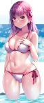  1girl ass_visible_through_thighs bare_shoulders beeyan bikini blush breasts collarbone eyebrows_visible_through_hair fate/stay_night fate_(series) hair_ribbon highres large_breasts looking_at_viewer matou_sakura navel purple_hair ribbon shiny shiny_skin side-tie_bikini swimsuit thighs violet_eyes water wet 