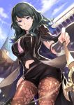  1girl armor bangs black_hair black_shorts blue_sky breasts byleth byleth_(female) clouds cloudy_sky commentary_request day eyebrows_visible_through_hair fire_emblem fire_emblem:_three_houses highres jacket_on_shoulders long_hair looking_at_viewer medium_breasts midriff_peek nakabayashi_zun navel outdoors pantyhose parted_lips shorts shoulder_armor sky smile solo sword turtleneck weapon 