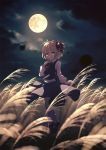  1girl arm_up black_skirt black_vest blonde_hair blurry bobby_socks clouds cloudy_sky cravat depth_of_field dise eyebrows_visible_through_hair finger_to_mouth full_moon hair_ribbon head_tilt highres leg_lift long_sleeves looking_at_viewer mary_janes moon night outdoors red_eyes red_footwear red_neckwear ribbon rumia scenery shirt shoes short_hair skirt sky socks solo standing standing_on_one_leg susuki_grass touhou vest white_legwear white_shirt wind wind_lift 