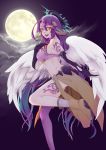  1girl angel_wings artist_request breasts bridal_gauntlets clouds commentary_request crop_top feathered_wings gloves gradient_eyes gradient_hair halo highres jibril_(no_game_no_life) large_breasts long_hair looking_at_viewer low_wings magic_circle midriff mismatched_legwear moon multicolored multicolored_eyes multicolored_hair navel night no_game_no_life open_mouth orange_eyes pink_hair sideboob smile solo tattoo very_long_hair white_wings wing_ears wings yellow_eyes 