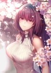  1girl bangs bare_shoulders blush breasts closed_mouth fate/grand_order fate_(series) flower hair_between_eyes highres large_breasts long_hair looking_at_viewer lun7732 petals purple_hair red_eyes ribbed_sweater scathach_(fate)_(all) scathach_(fate/grand_order) simple_background sleeveless solo sweater turtleneck white_sweater 
