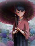  1girl anchor_symbol blue_hair blue_hakama blush closed_mouth floral_background flower hair_between_eyes hakama hakama_skirt high_ponytail highres holding holding_umbrella houshou_(kantai_collection) hydrangea japanese_clothes kantai_collection kimono long_hair looking_at_viewer oriental_umbrella pink_kimono ponytail rain skirt smile solo tama_(seiga46239239) umbrella 