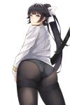  1girl aslindsamure ass azur_lane bangs black_hair black_legwear black_panties blunt_bangs breasts closed_mouth from_behind highres holding holding_sword holding_weapon katana long_hair long_sleeves looking_at_viewer looking_back military military_uniform no_pants paid_reward panties panties_under_pantyhose pantyhose pleated_skirt ponytail scabbard sheath sheathed simple_background skirt solo standing sword takao_(azur_lane) thighband_pantyhose thighs tsurime underwear uniform very_long_hair weapon white_background yellow_eyes 