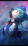  1girl absurdres blue_eyes blue_hair blue_skirt blue_vest bow bowtie cirno collared_shirt cowboy_shot grin hair_bow highres ice ice_wings letterboxed looking_up niwarizumu red_neckwear shirt short_hair short_sleeves skirt smile solo touhou vest white_shirt wings 