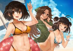  3girls :o \m/ antenna_hair arm_scrunchie bangs beach beach_umbrella bikini blue_bikini blush breasts brown_eyes brown_hair clouds double_bun frilled_bikini frills hair_intakes holding innertube jacket jintsuu_(kantai_collection) kantai_collection long_hair long_sleeves multiple_girls naka_(kantai_collection) one_eye_closed open_mouth sand scrunchie sendai_(kantai_collection) short_hair sky swimsuit toka_(marchlizard) umbrella white_bikini yellow_bikini 