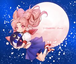  1girl bangs bishoujo_senshi_sailor_moon blue_background blue_skirt blush chibi_usa closed_mouth crescent double_bun earrings full_body full_moon highres jewelry kneehighs looking_at_viewer luna-p mitsunari_miyako moon navel parted_bangs pink_eyes pink_hair pleated_skirt red_footwear red_sailor_collar sailor_collar school_uniform serafuku shirt shoes short_hair skirt smile solo star toy twintails white_legwear white_shirt 