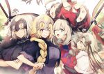  4girls ahoge blonde_hair blue_eyes braid cropped_jacket crossed_arms eyebrows_visible_through_hair fate/grand_order fate_(series) flag frown gloves hair_ornament hat headdress jeanne_d&#039;arc_(alter)_(fate) jeanne_d&#039;arc_(fate) jeanne_d&#039;arc_(fate)_(all) jeanne_d&#039;arc_alter_santa_lily long_hair marie_antoinette_(fate/grand_order) multiple_girls no-kan one_eye_closed open_mouth short_hair single_braid smile sweatdrop violet_eyes yellow_eyes 