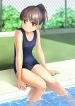  1girl blue_swimsuit brown_hair chain-link_fence collarbone commentary_request fence flat_chest highres looking_at_viewer old_school_swimsuit original outdoors ponytail pool poolside school_swimsuit shibacha short_hair short_ponytail soaking_feet solo swimsuit water yellow_eyes 