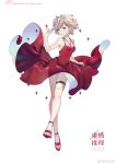  dress ekita_xuan glass_eye highres iwanaga_kotoko kyokou_suiri light_brown_hair prosthesis prosthetic_leg red_dress red_earrings sandals violet_eyes white_background 