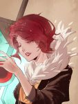  1girl brown_background brown_jacket closed_eyes feather_trim holding holding_weapon huge_weapon jacket red_(transistor) red_lips redhead short_hair solo sword transistor_(game) weapon xian_che 