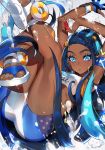  1girl armlet armpits arms_up ass black_hair blue_eyes blue_hair breasts dark_skin earrings eyeliner gloves hair_bun highres holding holding_poke_ball hoop_earrings jewelry legs_up long_hair looking_at_viewer makeup medium_breasts mika_pikazo multicolored_hair necklace parted_lips poke_ball pokemon pokemon_(game) pokemon_swsh rurina_(pokemon) sandals shorts signature single_glove solo sports_bra thighs toes water 
