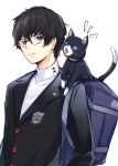  2boys amamiya_ren animal_ear_fluff backpack bag bangs black-framed_eyewear black_cat black_hair black_jacket blazer blue_eyes blue_sclera borushichi cat commentary_request glasses grin highres jacket long_sleeves looking_at_another male_focus morgana_(persona_5) multiple_boys open_mouth parted_lips persona persona_5 revision shirt simple_background smile tail upper_body white_background white_shirt 