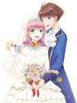  1boy 1girl :d blue_eyes blue_suit bouquet breasts bridal_veil brown_hair butz_klauser commentary_request couple detached_sleeves dress final_fantasy final_fantasy_v flower gloves green_eyes holding_hands large_breasts lenna_charlotte_tycoon open_mouth pink_hair short_hair smile veil wedding_dress white_background white_dress white_gloves white_sleeves yuuri_mitsuki 