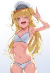  1girl bikini blonde_hair breasts character_request collarbone copyright_request cowboy_shot hat looking_at_viewer navel open_mouth peaked_cap pooor salute simple_background small_breasts smile solo swimsuit two_side_up waving white_background white_bikini white_headwear yellow_eyes 