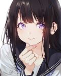  1girl artist_name bangs black_hair blunt_bangs blush chitanda_eru closed_mouth collarbone finger_to_chin fingernails hair_between_eyes hand_up highres holding hyouka long_hair long_sleeves looking_at_viewer mery_(apfl0515) neckerchief portrait sailor_collar school_uniform serafuku shirt sidelocks simple_background smile solo violet_eyes watermark white_background white_shirt 