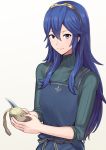  1girl a_meno0 blue_eyes blue_hair blush cooking fire_emblem fire_emblem:_kakusei flat_chest food hair_between_eyes intelligent_systems jewelry knife long_hair looking_at_viewer lucina nintendo peeling potato simple_background smile solo tiara white_background 