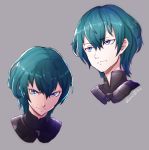 1boy angry armor blue_eyes blue_hair byleth fire_emblem fire_emblem:_three_houses grimmelsdathird head highres looking_at_viewer male_focus short_hair simple_background solo uniform upper_body 