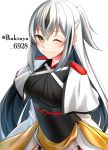  1girl ;) bangs black_hair blush breasts brown_eyes capelet closed_mouth commentary_request eyebrows_visible_through_hair fate/grand_order fate_(series) grey_hair hair_between_eyes highres long_hair looking_at_viewer medium_breasts multicolored_hair nagao_kagetora_(fate) one_eye_closed one_side_up rukinya_(nyanko_mogumogu) sidelocks simple_background smile solo twitter_username two-tone_hair very_long_hair white_background white_capelet 
