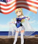  1girl american_flag annin_musou blonde_hair blue_eyes blue_shirt blue_sky breasts character_name clouds commentary_request contrapposto day double_bun feet_out_of_frame fletcher_(kantai_collection) gloves highres horizon kantai_collection large_breasts neckerchief ocean outdoors pleated_skirt sailor_collar school_uniform serafuku shirt skirt sky solo standing thigh-highs white_gloves white_legwear white_sailor_collar white_skirt yellow_neckwear 