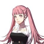  1girl bangs blunt_bangs breasts cravat fire_emblem fire_emblem:_three_houses hair_pulled_back high_collar hilda_(fire_emblem:_three_houses) intelligent_systems kurahana_chinatsu long_hair looking_at_viewer medium_breasts nintendo official_art parted_lips pink_eyes pink_hair shirt smile solo transparent_background twintails uniform upper_body 