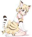  1girl animal_ear_fluff animal_ears animal_print back_bow bare_shoulders blonde_hair bow bowtie brown_hair cat_ears cat_print cat_tail commentary_request elbow_gloves extra_ears eyebrows_visible_through_hair frilled_skirt frills gloves hands_on_own_knees high-waist_skirt highres kemono_friends kneeling multicolored_hair no_shoes pleated_skirt print_gloves print_legwear print_neckwear print_skirt sand_cat_(kemono_friends) seiza short_hair sitting skirt sleeveless socks solo tail user_cpfg3235 white_hair yellow_eyes 