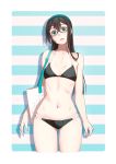  1girl arms_at_sides bag bangs bare_arms bare_shoulders bikini black_bikini black_hair blue-framed_eyewear blue_hairband blush breasts collarbone commentary_request cowboy_shot cropped_legs glasses green_eyes hair_between_eyes hairband head_tilt highres kantai_collection long_hair looking_at_viewer navel ooyodo_(kantai_collection) parted_lips semi-rimless_eyewear shoulder_bag small_breasts smile solo stomach striped striped_background swimsuit under-rim_eyewear yuuji_(and) 
