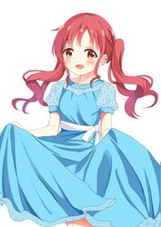  1girl :d absurdres bangs blue_dress blush commentary_request dress eyebrows_visible_through_hair flower gochuumon_wa_usagi_desu_ka? highres kousaka_nobaku long_hair looking_at_viewer natsu_megumi open_mouth pink_flower puffy_short_sleeves puffy_sleeves red_eyes redhead short_sleeves sidelocks simple_background skirt_hold smile solo twintails white_background white_flower 