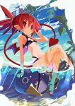  1girl absurdres bikini black_bikini breasts demon_tail disgaea etna flat_chest highres holding looking_at_viewer makai_senki_disgaea miyakawa106 ocean partially_submerged prinny red_eyes redhead short_twintails sketch small_breasts smile swimsuit tail twintails wet 