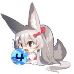  1girl :d animal_ear_fluff animal_ears ball bangs barefoot blush bow chibi commentary_request eyebrows_visible_through_hair fox_ears fox_girl fox_tail full_body grey_hair hair_between_eyes hair_bow high_ponytail japanese_clothes kimono long_hair long_sleeves obi open_mouth original patches ponytail red_bow red_eyes sash simple_background smile solo tail translated transparent very_long_hair white_background white_kimono wide_sleeves yuuji_(yukimimi) 