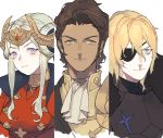  1girl 2boys armor black_armor blonde_hair blue_eyes brown_hair claude_von_regan_(fire_emblem) closed_mouth crown dark_skin dark_skinned_male dimitri_alexandre_bladud_(fire_emblem) double_bun earrings edelgard_von_hresvelgr_(fire_emblem) eyepatch fire_emblem fire_emblem:_three_houses gen&#039;ya_(nharanor) green_eyes hair_ornament headpiece jewelry multiple_boys older short_hair simple_background upper_body white_background 